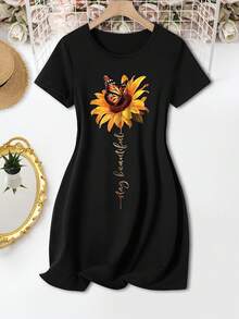 Printed-Shirt Dress, Short Sleeve Round Neck Casual Overseas Heat Transfer Dress, Suitable Summer And Spring, Women's Clothing AFT5 - Màu be - Xem 4
