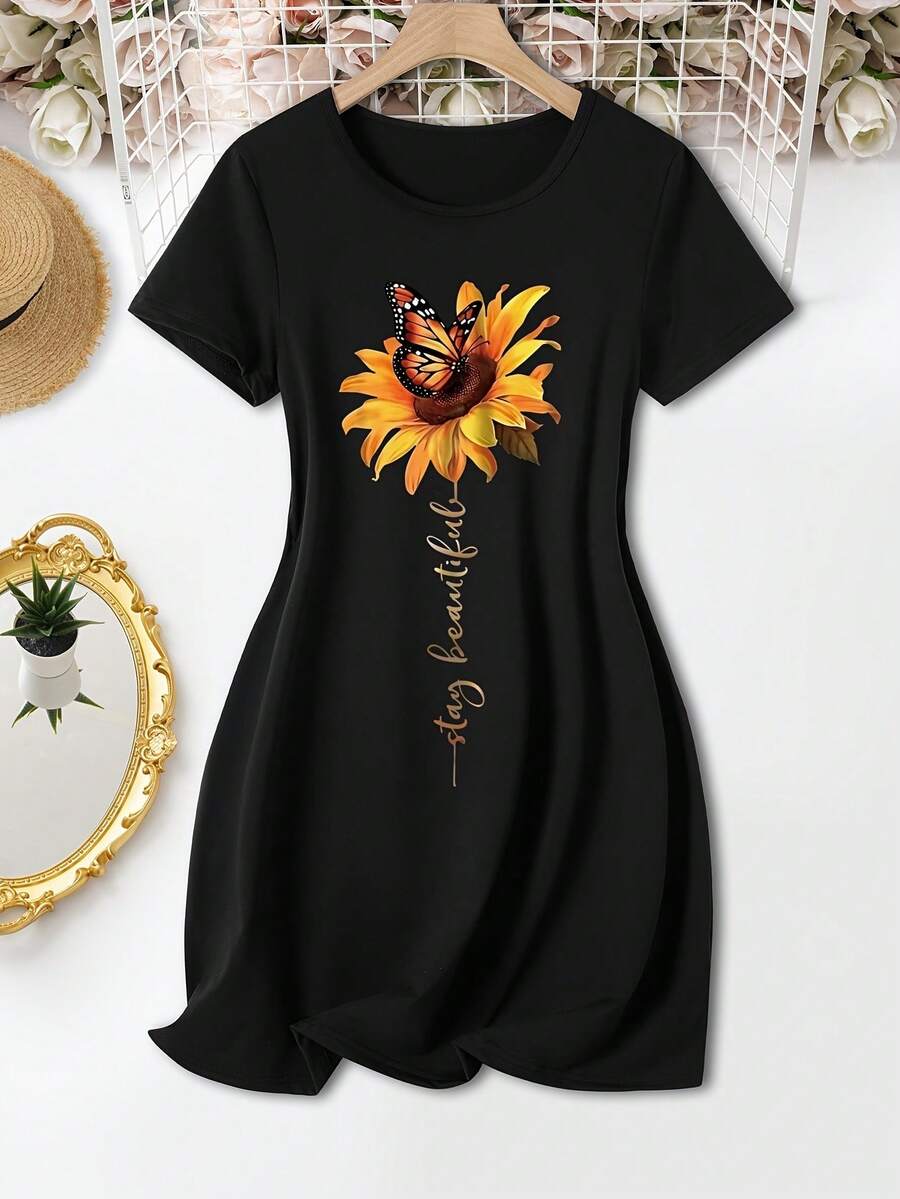 Printed-Shirt Dress, Short Sleeve Round Neck Casual Overseas Heat Transfer Dress, Suitable Summer And Spring, Women's Clothing AFT5 - màu đen - Xem 1