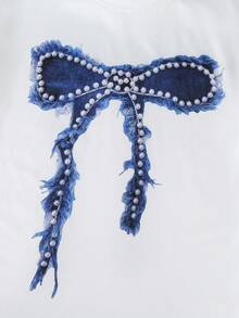 2件套：少女休闲舒适珍珠蝴蝶结印花圆领T恤和宽松复古蝴蝶结做旧蓝色牛仔裤，夏季 - 彩色 - 查看 9