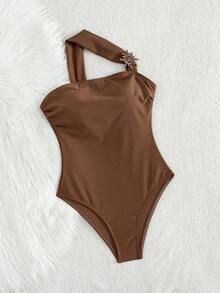Women's Solid Color Single Shoulder One-Piece One-Piece Swimsuit With Metal Accessories - Brown - View 4