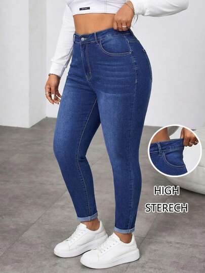 大码女式水洗修身牛仔裤，长款，带拉链和纽扣口袋，中等弹力，休闲度假春季款