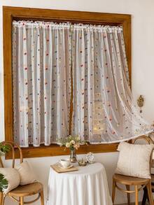 1pc Beige Rose Pattern Lace Curtain Valance, Short Curtain, Window Drape, Coffee Curtain, Vintage Romantic Style, Sheer, Made Of Polyester Fiber, Suitable For Bedroom, Room, Living Room, Kitchen, Office, Cafe And Home Decor - 1PC - View 2