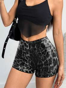 Quần short nữ kiểu dáng thường ngày gợi cảm họa tiết da báo phối sequin, thích hợp cho kỳ nghỉ biển. - Xám - Xem 3