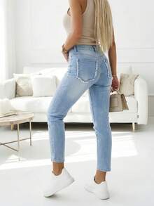 女士長褲 女用牛仔褲 MOM FIT 女褲MOM 愛心 皮帶扣 口袋 帶彈性 褲型 洗水 寬鬆 舒適簡帶鬆緊約時尚日常穿搭 秋季 冬季 - jeans淺藍色 - 查看 3