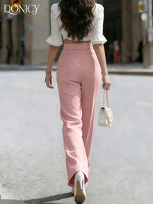 DONICY 粉色缎面阔腿裤，春、夏、秋、冬四季必备单品。高腰设计和优雅的垂坠剪裁展现时尚魅力，是度假旅行、情人节约会、嘉年华和日常穿着的理想之选。 - 粉色 - 查看 2