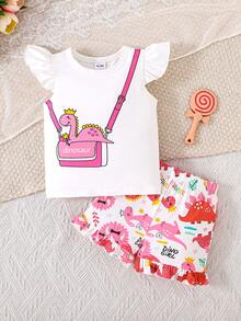 2pcs Baby Girls' White Sleeveless Top With Dinosaur Print & Pink Dinosaur Cartoon All-Over Print Shorts Set, Spring/Summer - Pink - View 1