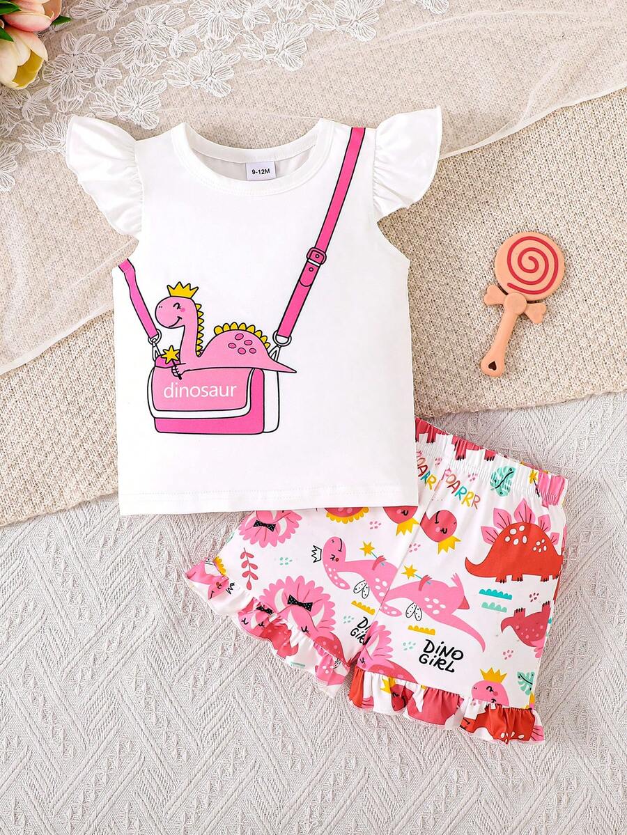2pcs Baby Girls' White Sleeveless Top With Dinosaur Print & Pink Dinosaur Cartoon All-Over Print Shorts Set, Spring/Summer - Pink - View 1