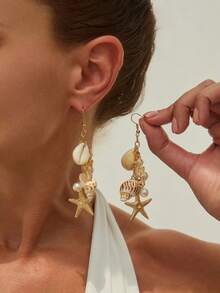 2件套海洋假日风贝壳、海星和流苏吊坠耳环，奢华首饰，适合婚礼、派对、海滩、休闲场合佩戴，男女皆宜的礼物 - 耳飾 - 查看 1