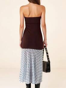 Women Strapless Midi Dress Slim Off Shoulder Sleeveless Dot Print Patchwork Ruffled Hem Dresses For Daily Party Club - 深棕色 - 查看 7