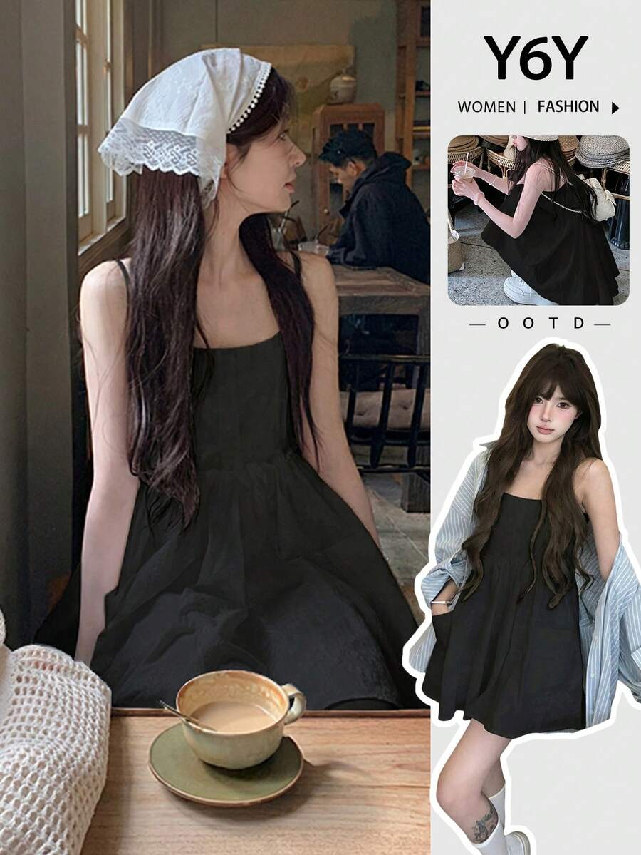 Y6Y 法式風格秋季熱銷白色女裝洋裝 2026 新款刺繡休閒 A 字細肩帶迷你洋裝 優雅黑色夏季款