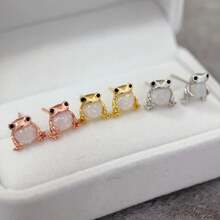 一对青蛙造型合成蛋白石镶嵌耳钉，可爱青蛙动物耳环，玫瑰金和银色，情侣礼物，适合所有季节，男女皆宜，精致优雅的铜质耳环 - 銀色 - 查看 2