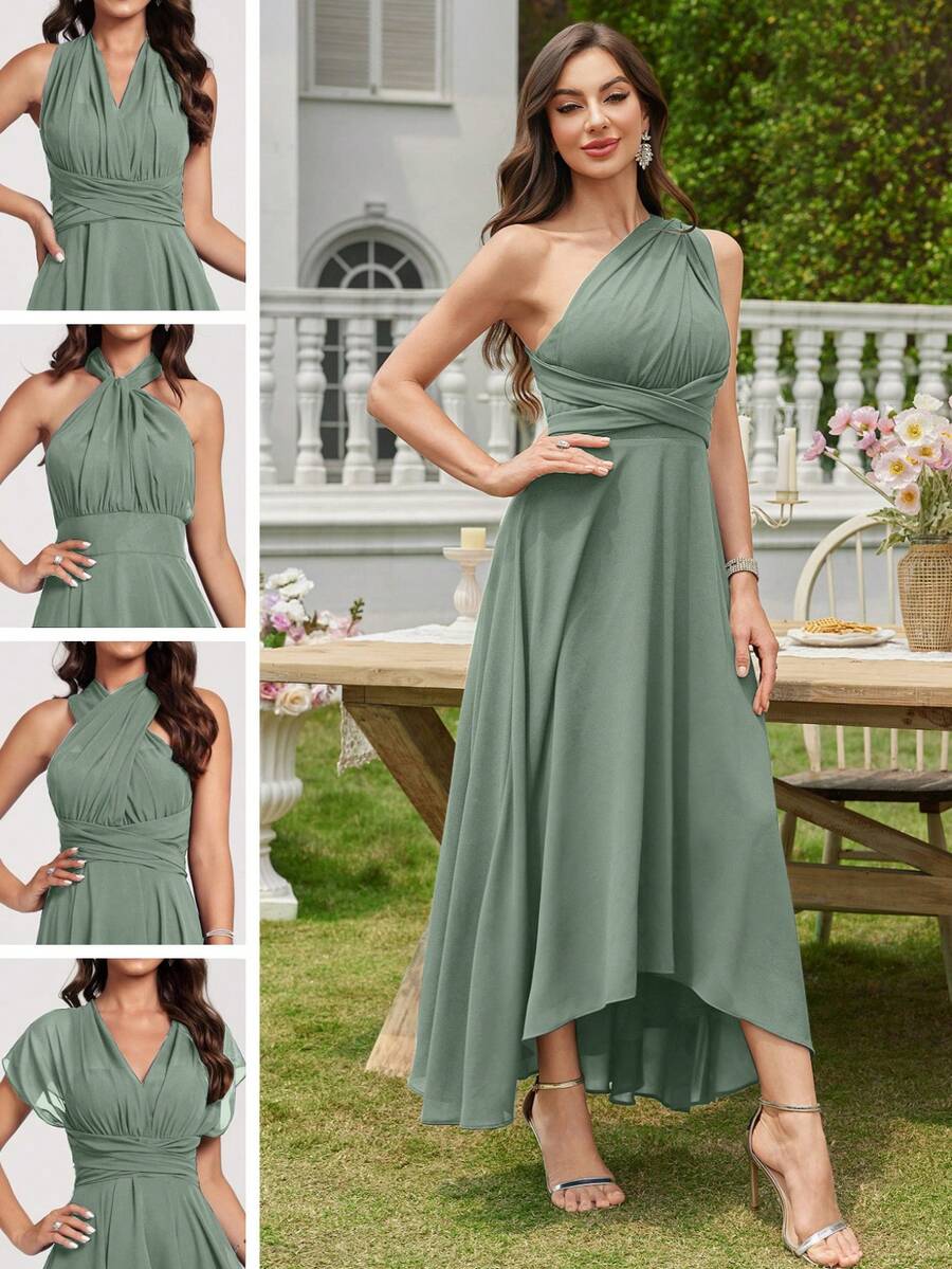 Volly Toych Vielseitiges A-Linien elegantes asymmetrisches V-Ausschnitt Midi Chiffon Brautjungfernkleid, Hochzeitsgast Kleid - Eukalyptus - Übersicht 1