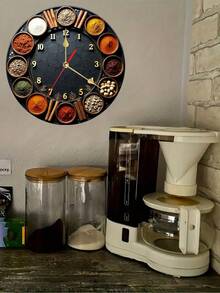 10/12 Inch Silent Round Clock, Decorated With Various Spices And Seasonings, Made Of Wooden Material, Equipped With Quartz Movement, Mixed Tone With Gold Accents, Battery Operated (AA Batteries Not Included), Suitable For Bedroom, Kitchen, Study - 1PC - View 3