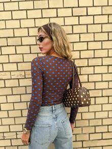 Women's Elegant Casual Fashionable Sexy Mesh Classic Polka Dot Crop Top - Boat Neck, Front Pleats, Waist Pleats Detail, Sheer Long Sleeves - Brown - View 5