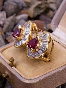 Gift Box French Retro Cubic Zirconia Ruby Teardrop Earrings, High-End Party & Banquet Jewelry For Women, Copper Material Non-Fading & Hypoallergenic, Ideal Holiday Gift - Gold-ruby - View 4