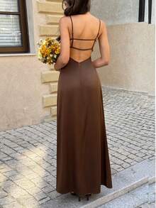 PoPoHouse 女士优雅缎面连衣裙，性感露背深V领修身长裙，夏季度假正式婚礼宾客派对外出棕色连衣裙 - 棕色 - 查看 2