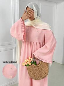 Women's Daisy Embroidered Loose Fit Round Neck Long Sleeve Dress - Pink - View 6