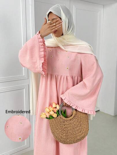 Women's Daisy Embroidered Loose Fit Round Neck Long Sleeve Dress