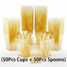 50个5盎司金色闪光迷你甜点杯，带勺子，塑料芭菲杯，方形甜点杯，适合派对、布丁、奶酪和芝士蛋糕慕斯 - 金色 - 查看 13