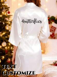 Customized Women's Pink Satin Robe, Personalized Bridal Kimono, Wedding Bridesmaid Valentine's Day Gift - White - View 2
