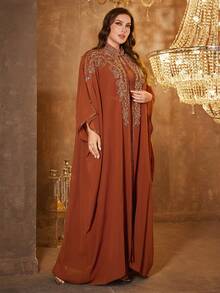 SUPGIR 大尺碼女款長袖亮片拼接阿拉伯風晚禮服 春秋款 - 橘色 - 查看 1