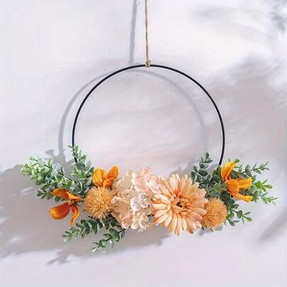 1 pieza Corona de flores artificiales, Guirnalda de flores artificiales para colgar en la pared, Juego de anillo redondo dorado colgante, Decoración de corona para fiesta, boda, entrada del hogar