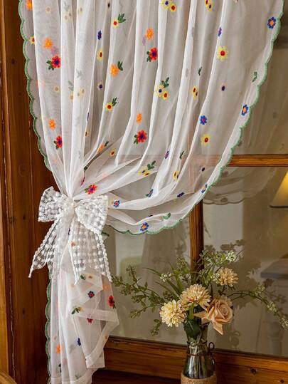 1pc Beige Rose Pattern Lace Curtain Valance, Short Curtain, Window Drape, Coffee Curtain, Vintage Romantic Style, Sheer, Made Of Polyester Fiber, Suitable For Bedroom, Room, Living Room, Kitchen, Office, Cafe And Home Decor