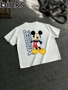 Disney Binks Mickey Mouse Cartoon Printed Short Sleeved T-Shirt, A Fashionable And Loose Short Sleeved T-Shirt For The Streets. Spring And Summer Fashionable Versatile Top, Holiday Gift, Vintage Print. - trắng - Xem 2