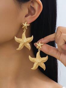 一对时尚夸张创意金属海洋风海星耳环，适合女性日常佩戴、海滩度假旅行 - 金黃色 - 查看 6