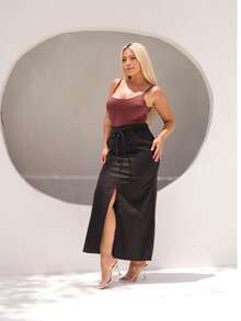 Saia Midi Feminina evângelica SUZY TECIDO LINHO PREMIUM Cintura Alta com Fenda Frontal Elegante e Confortável - Preto - Visão 8