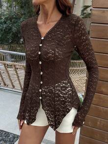 Camisa de manga larga con detalle de encaje para mujer EARO, de longitud regular, versátil y cómoda con un ligero estiramiento para la primavera - Café integral - Ver 5