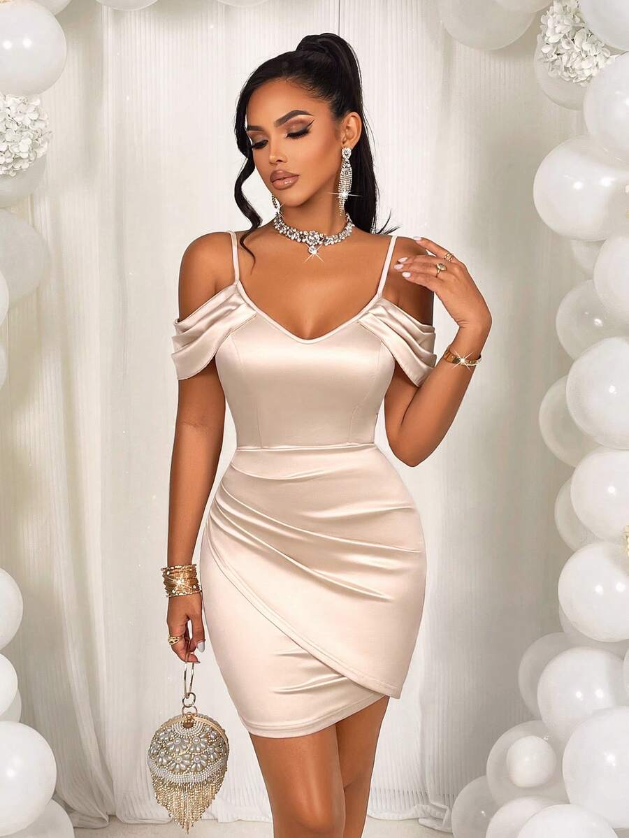 AIJ Amarilo Sexy Elegant Ruffle Off-Shoulder Fitted Mini Dress With Lily Flower Trim, For Valentine's Day Summer - Apricot - View 1