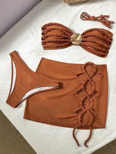 Solid Color Women's Braided Bikini Top With Tied String Skirt 3 Pieces Set For Summer Beach Vacation Swimwear – Stylish And Comfortable, Perfect For Sunbathing And Resort Wear