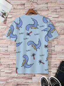 加大码男士睡衣套装 | 圆领短袖上衣和松紧腰休闲短裤两件套 | 涤纶针织面料，柔软透气，宽松版型 | 可爱恐龙怪兽系列印花休闲设计 - 淺藍色 - 查看 3