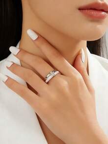 1pc Stainless Steel & Ceramic CNC Cubic Zirconia Ring, Jewelry Gift For Women, Wedding, Party, Date - Steel and Pink - View 1