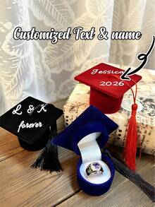 Customized Name Jewelry Box, Graduation Cap Ring Box, Customized Name Velvet Graduation Cap Gift Box, Elegant Black Ring Box With Soft Lining, Graduation Ring Box Suitable For Men And Women, Personalized Graduation Souvenir, Suitable For Proposal, Wedding, Anniversary, Graduation, Valentine's Day, Graduation Gift - Multicolor - View 4