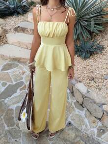 PoPoHouse 女士优雅两件套，系带荷叶边吊带背心 + 宽松阔腿裤，休闲通勤、办公室、海滩度假日常穿搭，黄色夏季款 - 黃色 - 查看 7