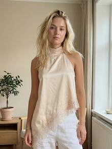 Women Tank Tops Halter Neck Sleeveless Lace Patchwork Summer Flowy Vest For Vacation Beach - Beige - View 3