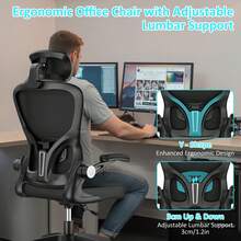 Ergonomic Office Chair: Breathable Mesh Back + Thickened Memory Foam Seat | Adjustable Headrest & Lumbar Support | Silent Casters For Home/Computer Work - Black - View 6