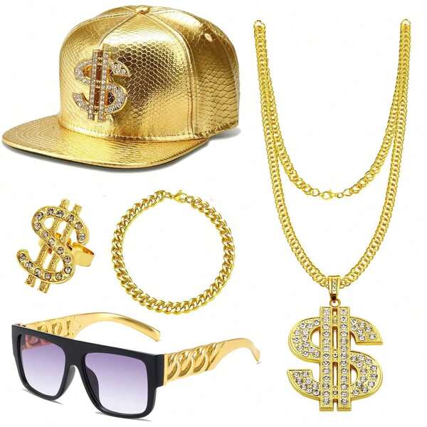 Hip Hop Costume Kit 80s 90s Rapper Accessories Set Gold Rapper Hat Baseball Cap Punk Fashion Glasses Gold Dollar Sign Pendant Necklace Ring Bracelet For Men Women Carnivals,Throwback Party Outfit Halloween Jewelry Fun Accessories Prom,Ramadan Accesstories