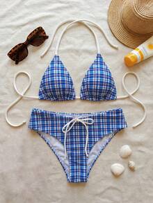 女士格子印花比基尼套装，配白色蝴蝶结，夏季海滩度假 - 藍白色 - 查看 3