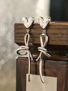 一对时尚简约心形结设计铜质水钻银色吊坠耳环，适合女性日常、派对、音乐节佩戴，珠宝礼品 - 愛心 - 查看 8