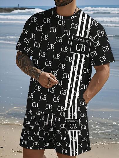 [Tenue décontractée color block] T-shirt à manches courtes et short en polyester respirant avec imprimé 3D color block noir et blanc. Style de rue pour l'été