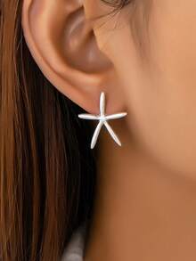 1对女士银色海星耳环，夏季海滩风海星耳环，海洋主题海洋生物珠宝配饰，适合搭配海滩装扮 - 銀色 - 查看 1