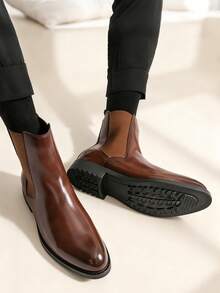 Salkin Vintage Designer Men's Chelsea Boots, Pull-On Style, Pointed Toe Design, Luxury Mid-Calf Ankle Boots, Men's Soft Genuine Leather Boots, Gentleman Business Formal Shoes, Casual Office Party Shoes, Couple's Romantic Dinner Date Gift, Back To School Student Shoes, Collegiate Style, Suggest Sizing Up One Size - Brown - View 10