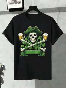 Skull Beer Clover Pirate Graphic Tee Premium Cotton, Relaxed Fit, Street Hip-Hop, Breathable - Black - View 2