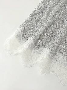 EARO 时尚闪亮银色亮片迷你裙，饰有精致蕾丝边，短款设计，时尚百搭 - 銀色 - 查看 4