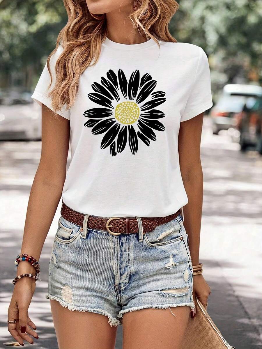 Flower Print Crew Neck T-Shirt, Vintage Short Sleeve T-Shirt For Spring & Summer, Women's Clothing - Branco - Ver 1