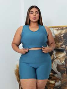 Women's Plus Size Mid-Thigh Gym Set In Thick Power Spandex - Serenity Blue - View 4