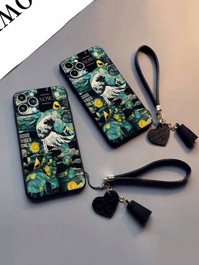 1pc Thick Anti-Drop Colorful Painted Seawave Phone Case With Decorative Leather Heart Strap, Tassel Pendant, Wrist Strap Suitable Compatible With Iphone 17pro/17Air /17/17promax16/11/16pro/16plus/16promax/16e/15Promax/13/14/12/XS/XR/7G/8P, Galaxy,